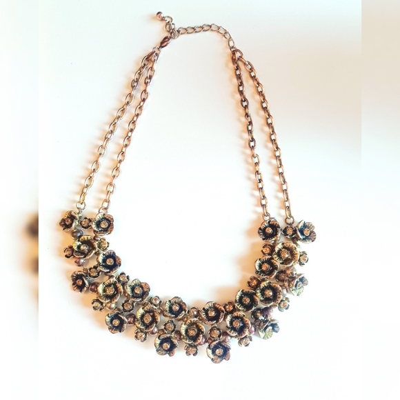 Vintage 60s Antique Gold Floral Rhinestone Statement Necklace - Picture 1 of 3